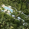 Tropical Resort Area With Multiple Swimming Pools Palm Trees And Pathways