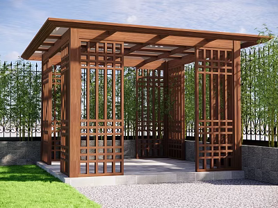 Wooden Garden Pavilion With Lattice Structure Surrounded By Green Plants And Lawn 3d model