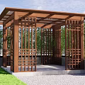 Wooden Garden Pavilion With Lattice Structure Surrounded By Green Plants And Lawn