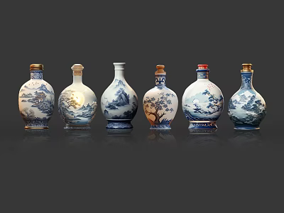 Blue And White Ceramic Vases With Traditional Landscape Tree Patterns Various Shapes Golden Red Lids 3d model