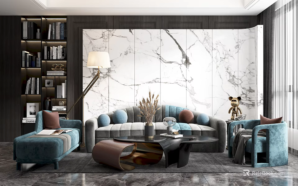 Modern Blue Sofa And Coffee Table Set With Marble Wall Pillows And Floor Lamp 3d model