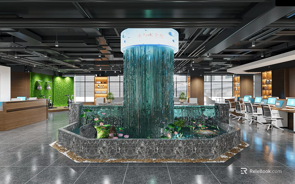Public Office Space With Central Waterfall Feature Green Plants Bookshelves Workstations And Modern Spacious Interior 3d model 