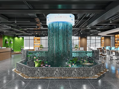 Public Office Space With Central Waterfall Feature Green Plants Bookshelves Workstations And Modern Spacious Interior 3d model