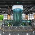 Public Office Space With Central Waterfall Feature Green Plants Bookshelves Workstations And Modern Spacious Interior