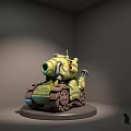 Green Cartoon Tank Model Display On Gray Platform With Toy Design Features