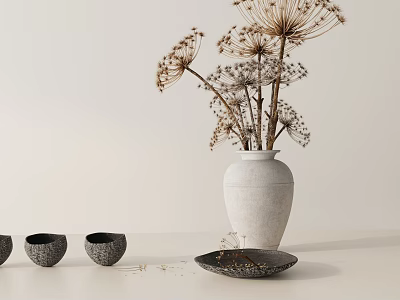 White Ceramic Vase With Dried Flowers And Small Bowls On Tabletop 3d model