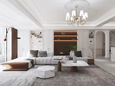 Elegant Modern Living Dining Room Interior Design With White Sofa Chandelier And Wooden Elements 3d model