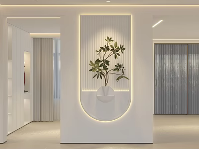 Modern Wall Decor With Oval Design White Vase Green Plant And LED Strip Lighting 3d model