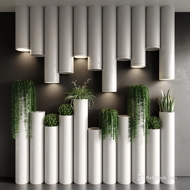 Bonsai Potted Plants in White Cylindrical Containers on Dark Wall with Hanging Greenery and Lighting 3d model 