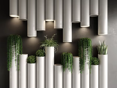 Bonsai Potted Plants in White Cylindrical Containers on Dark Wall with Hanging Greenery and Lighting 3d model