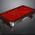 Classic Wooden Billiard Table With Red Felt Surface Colored Balls And Cue Stick
