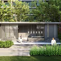 Serene Pergola Near Grass Lawn With Lush Greenery Trees And High Rise Building Background