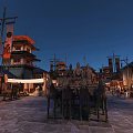 Ancient Style Commercial Street With Traditional Architecture Red Lanterns And Evening Pedestrians