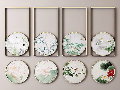 Light Luxury Round Frame Painting Round Flower and Bird Plant Decoration Hanging Painting 3d model