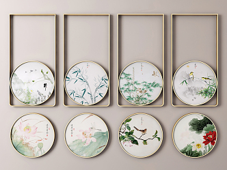 Light Luxury Round Frame Painting Round Flower and Bird Plant Decoration Hanging Painting 3d model