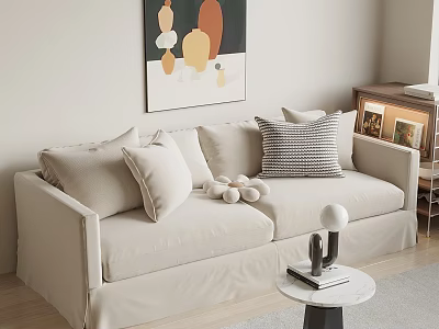 Beige Two Seater Sofa with Throw Pillows Round Coffee Table and Abstract Wall Art 3d model