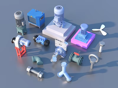 Industrial Equipment Components Showcasing Motors Pumps Valves Bearings And Pipe Fittings 3d model