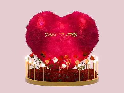 Red Plush Heart with "Fall in Love" Text and Decorative Lights Flowers on Golden Stand 3d model
