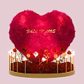 Red Plush Heart with "Fall in Love" Text and Decorative Lights Flowers on Golden Stand