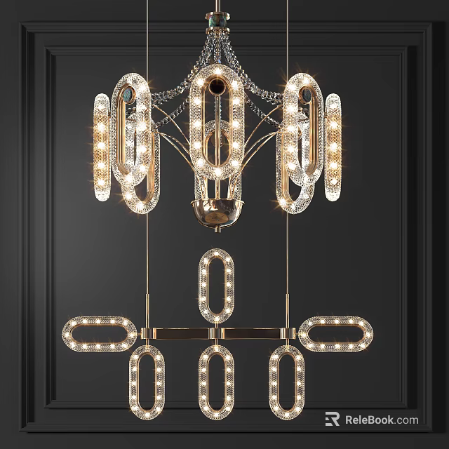 Modern Crystal Chandelier With Circular Ring Design And Illuminated Gold Metal Frame 3d model 