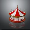 Children Playing On Colorful Carousel With Red And White Striped Top And Golden Decorations