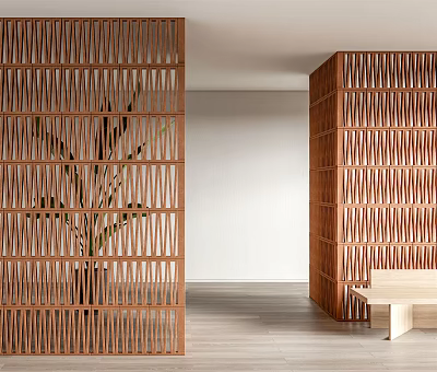 Wooden Slatted Room Divider In Minimalist Interior Space With Green Plant And Light Floor 3d model