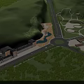 Detailed Aerial Planning of Hillside Development With Buildings Greenery Roads And Water Features