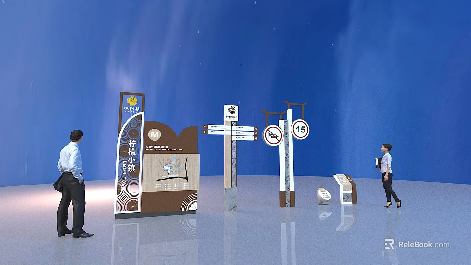 Different Types of Direction Road Signs With People In Blue Background Setting 3d model 