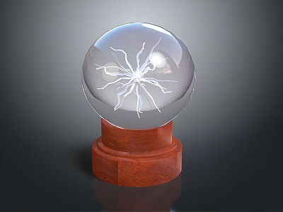 Transparent Crystal Ball Display With White Crack Pattern On Wooden Base 3d model
