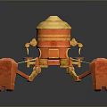 Shiny Gold And Red Mechanical Game Movie Character With Multiple Arms And Dark Background