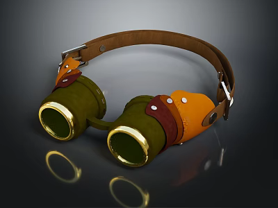 Vintage Style Binoculars with Leather Strap Green Orange Body and Golden Edges 3d model