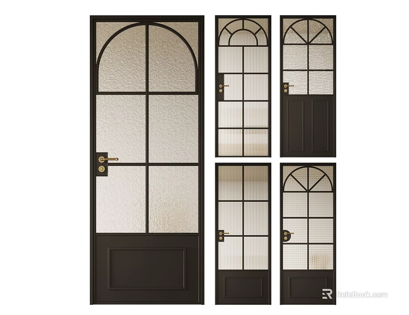 Black Framed Glass Doors with Arch Top and Multiple Pane Design Styles 3d model 
