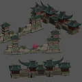 Chinese Traditional Ancient Pagoda And Archway Structures With Curved Eaves And Carved Walls