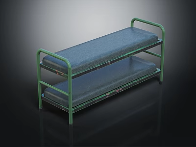 Sturdy Green Metal Frame Bunk Bed With Blue Mattress And Double Layer Structure 3d model