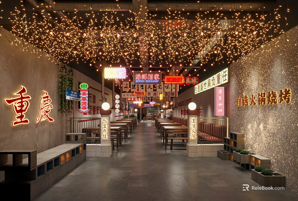Chongqing Sichuan Style Hotpot Restaurant With Neon Signs String Lights And Long Tables 3d model 