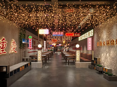 Chongqing Sichuan Style Hotpot Restaurant With Neon Signs String Lights And Long Tables 3d model