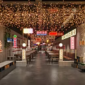 Chongqing Sichuan Style Hotpot Restaurant With Neon Signs String Lights And Long Tables