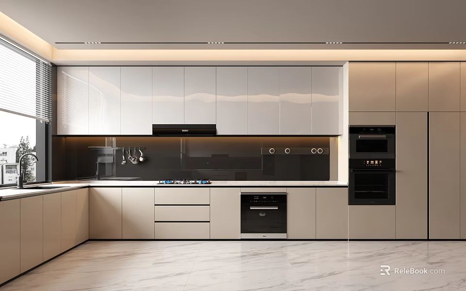 Modern Kitchen Interior Design With White Cabinets Black Appliances And Marble Floor 3d model 