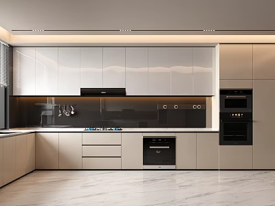Modern Kitchen Interior Design With White Cabinets Black Appliances And Marble Floor 3d model