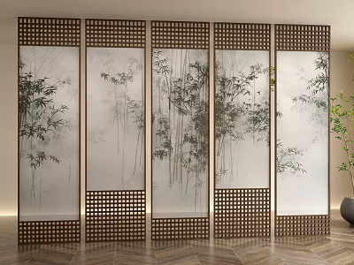 Traditional Chinese Room Divider With Bamboo Pattern And Wooden Frame Panels 3d model