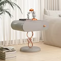 Modern White Bedside Table with Twisted Copper Base and Books Figurines on Top