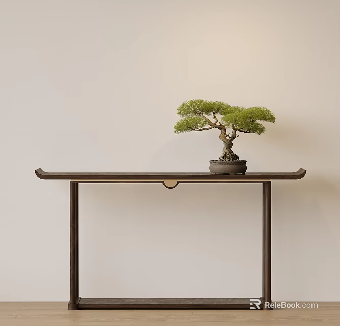 Minimalist Entryway Cabinet Sideboard With Bonsai Pine Tree On Light Colored Wall 3d model 