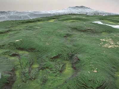 Garden Landscape Design Featuring Green Rolling Terrain Grassland Small Water Areas And Distant Mountains 3d model