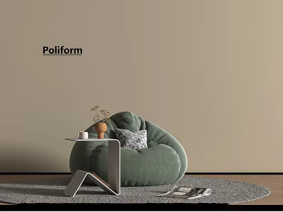 Poliform Green Bean Bag Chair With Decorative Pillow Small Table Cup On Rug 3d model