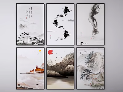 Traditional Chinese Ink Wash Landscape Paintings With Mountains Rivers Birds And Sun 3d model