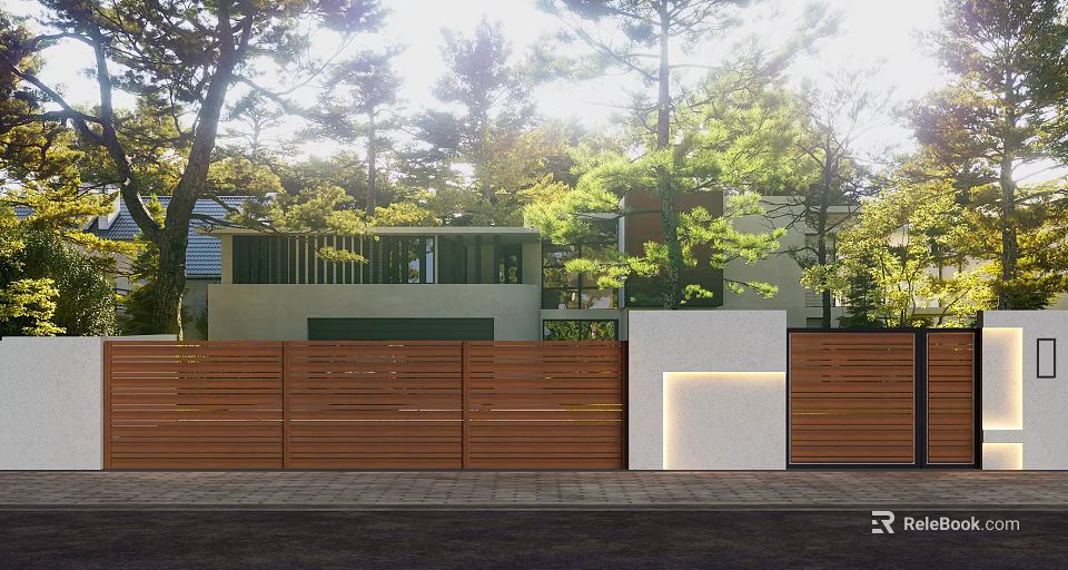 Modern Slatted Wooden Fence Outdoor Design For Home With Green Trees 3d model 