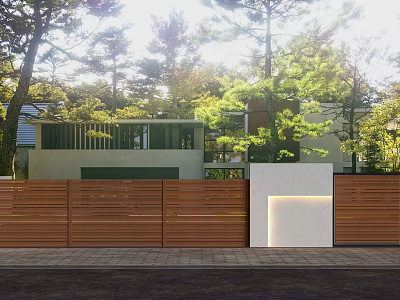 Modern Slatted Wooden Fence Outdoor Design For Home With Green Trees 3d model