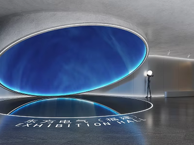 Modern Exhibition Hall With Large Blue Curved Illuminated Display And Reflective Floor Surface 3d model