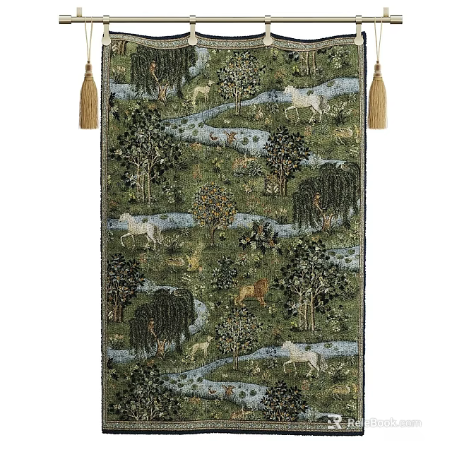 Elegant Bed Canopy With Natural Tree River And Horse Pattern And Tassel Decor 3d model 