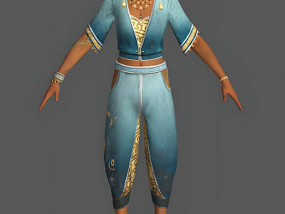 Game and Movie Character In Blue Outfit With Golden Patterns And Accessories 3d model